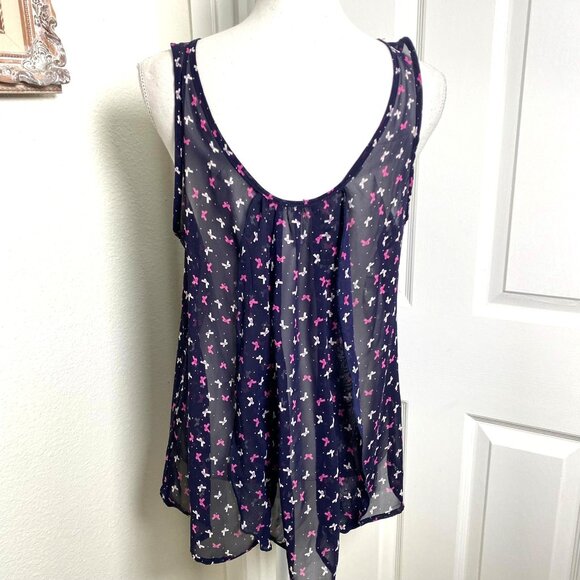 Daisies Pink White Ribbon Bow Printed Sheer Swing Navy Tank Size Medium - Picture 3 of 10